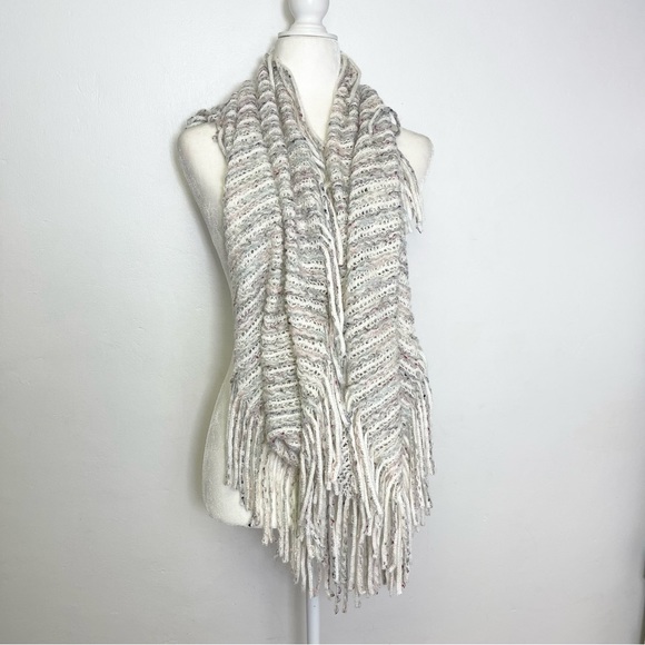 Infinity Scarf Stripes Beige Knited Fringe Bohemian Oversized Wrap - Picture 11 of 14